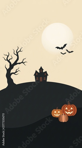 Spooky Halloween night scene with a haunted house, bare tree, flying bats, and glowing jack-o'-lanterns under a full moon