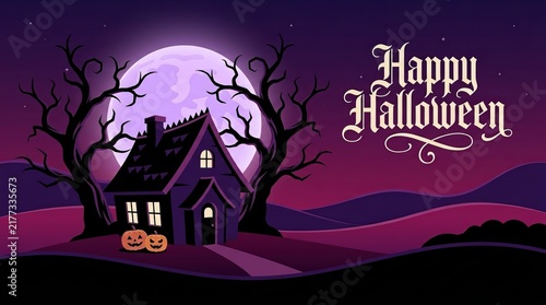 Happy Halloween night scene with a spooky haunted house, glowing windows, bare trees, and pumpkins under a large full moon in a dark, mysterious landscape