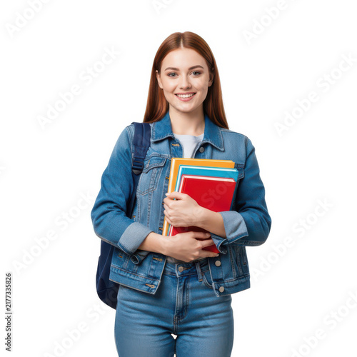 Smiling female student holding books and wearing a backpack isolated on white background