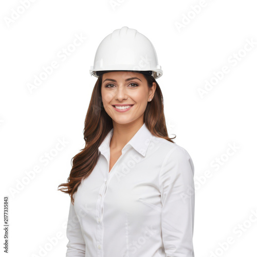 Smiling female engineer wearing a white hard hat isolated on white background