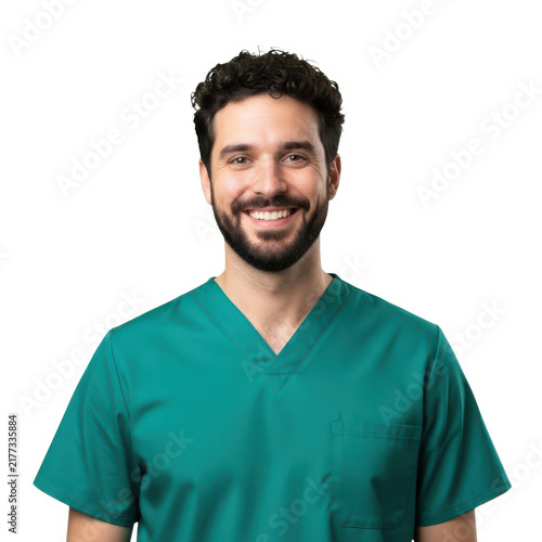 Smiling male doctor wearing green scrubs isolated on white background