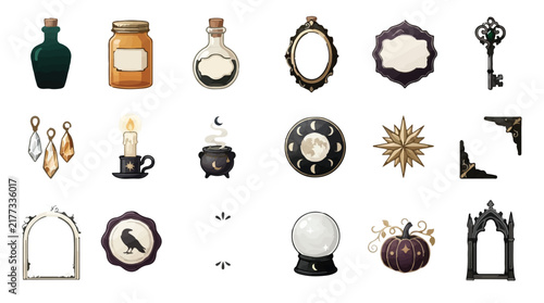 Fotografie Halloween Vintage witchcraft elements set, retro potion bottles, crystal ball, c
