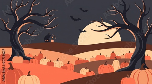 Autumn night landscape with a vibrant pumpkin patch, silhouetted trees, a glowing full moon, and bats flying over a distant house, evoking a spooky Halloween mood