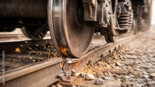 train wheel derailing on broken broken railway track with sparks