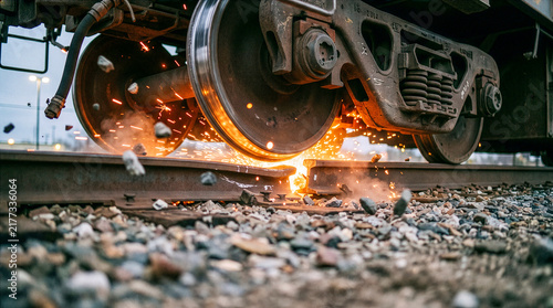 train wheel derailing on broken broken railway track with sparks