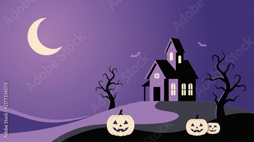 Haunted house on a purple hill with carved pumpkins and a crescent moon in a spooky Halloween night illustration