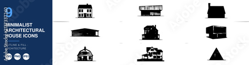 Minimalist Architectural House Icons Set, Outline and Fill Design. Modern Home Illustrations