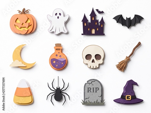 Minimalist Paper Cut Craft Halloween 12 Element Icon Set 4x3 grid format on a seamless white background