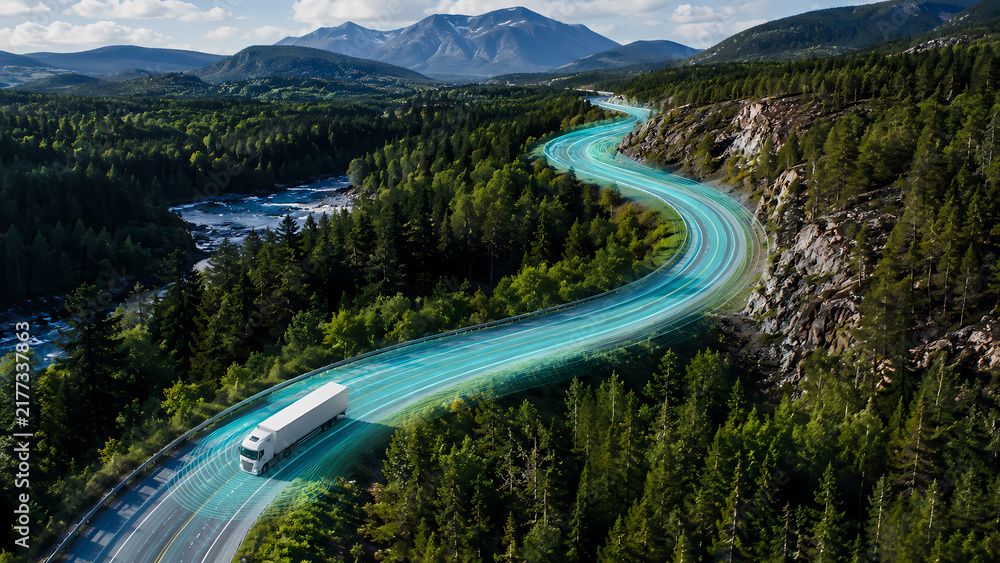 Fototapeta premium Aerial view of an autonomous semi truck driving along a winding mountain highway through dense evergreen forest with glowing digital sensor lanes illustrating connected logistics and intelligent trans