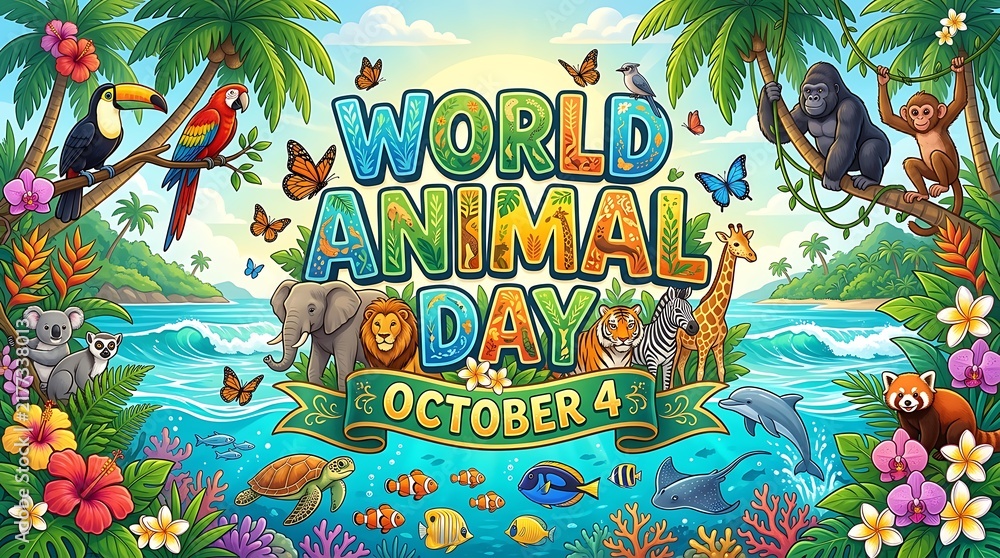 Obraz premium World animal day celebration poster featuring diverse wildlife including elephant, lion, tiger, giraffe, and tropical sea life in a vibrant jungle landscape