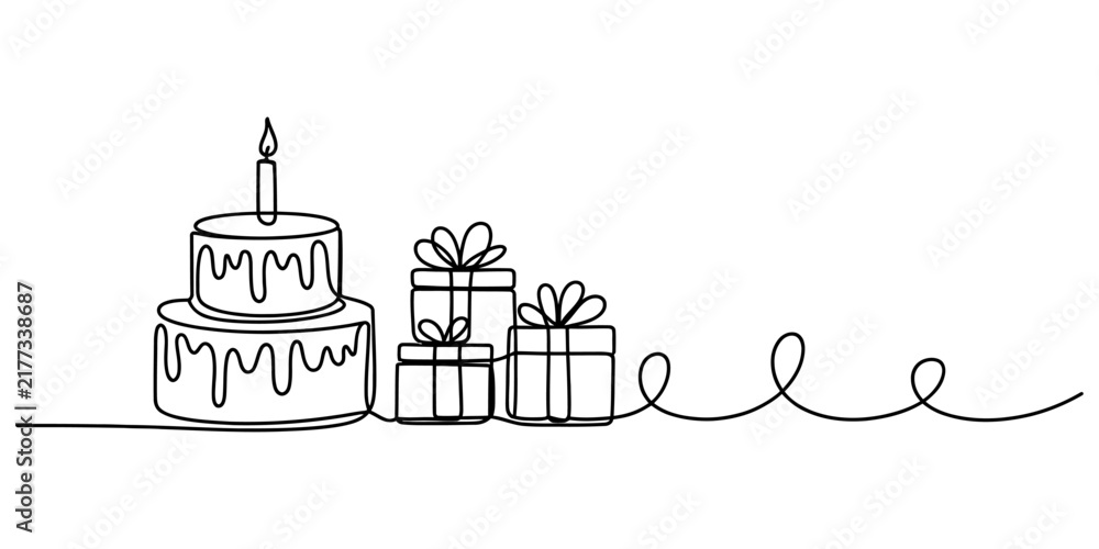 Fototapeta premium Birthday cake with single lit candle and stack of gift boxes with black continuous line drawing on white background for celebration party and holiday surprise.