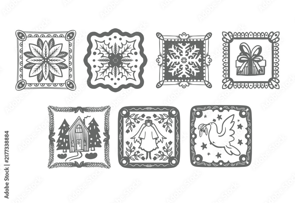 Fototapeta premium Christmas Isolated Folk Tiles with Dove Angel Poinsettia Snowflake House Gift Holiday Frames
