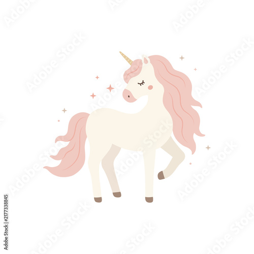 Cute pastel unicorn illustration, magical pony with a colorful flowing mane, horn, soft whimsical styling. The charming fantasy character is isolated on a transparent background, making it ideal for c
