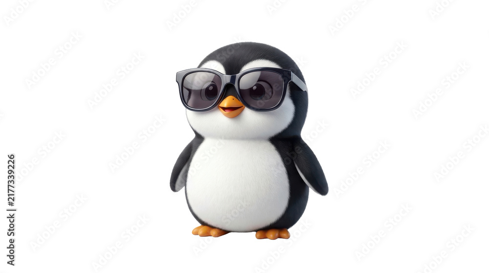Obraz premium Small baby penguin wearing black sunglasses posing against isolated plain white background for professional advertising projects