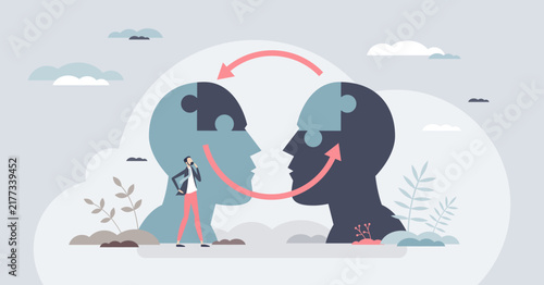 Interpersonal communication exchange shows two puzzle-head profiles and circular arrows, symbolizing empathy and understanding, key objects, heads, arrows, puzzle pieces. Tiny style