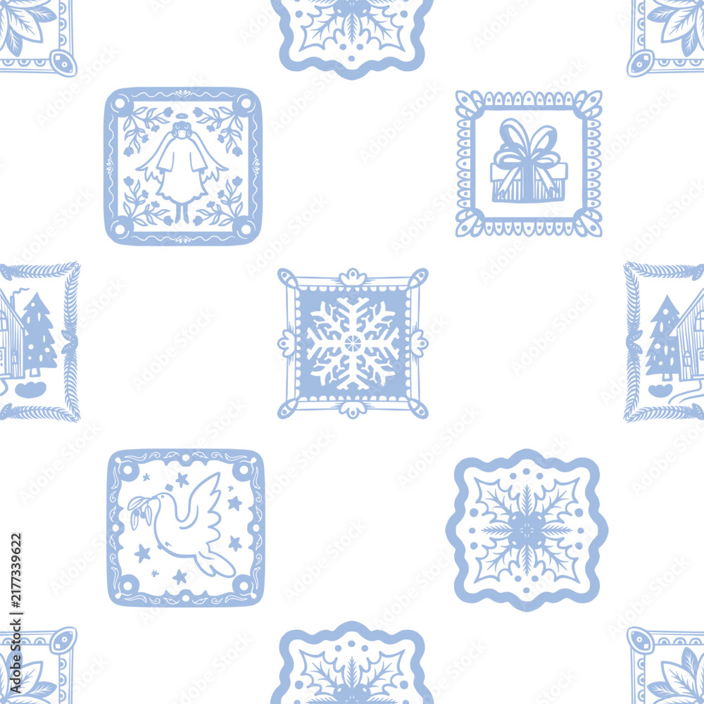 Fototapeta premium Christmas Seamless Folk Tile Pattern with Decorative Frames Dove Angel Snowflake Gift Motifs