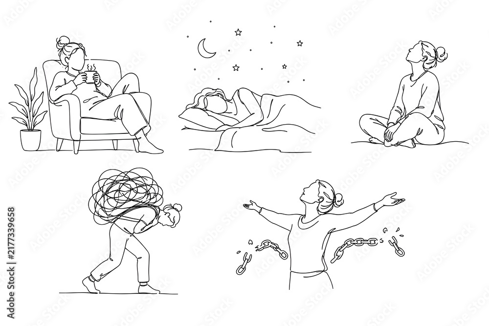 Fototapeta premium Black vector set of continuous line art depicting burnout recovery and rest
