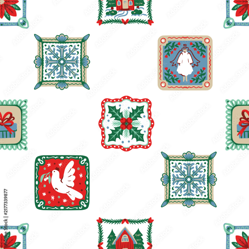 Fototapeta premium Christmas Seamless Pattern with Folk Square Frames Dove Angel Poinsettia Gift Holiday Tiles