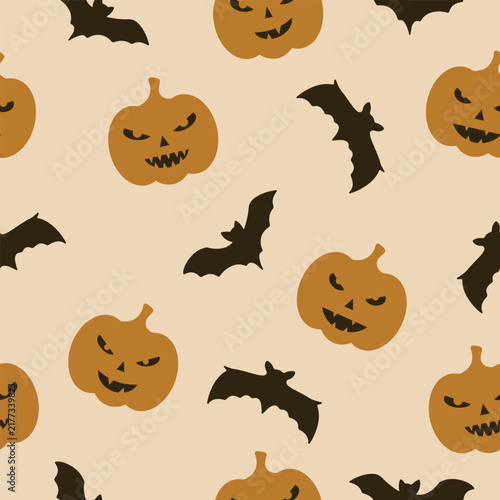 Orange Pumpkin and Bat Seamless Halloween Pattern on Beige Background, Warm Autumn Vector Design for Wrapping Paper, Fabric, Packaging and Seasonal Decor
