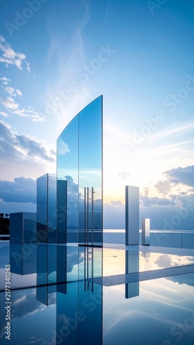 Abstract Glass Monoliths Reflecting Sunset Sky And Ocean Horizon in Serene Architectural Landscape