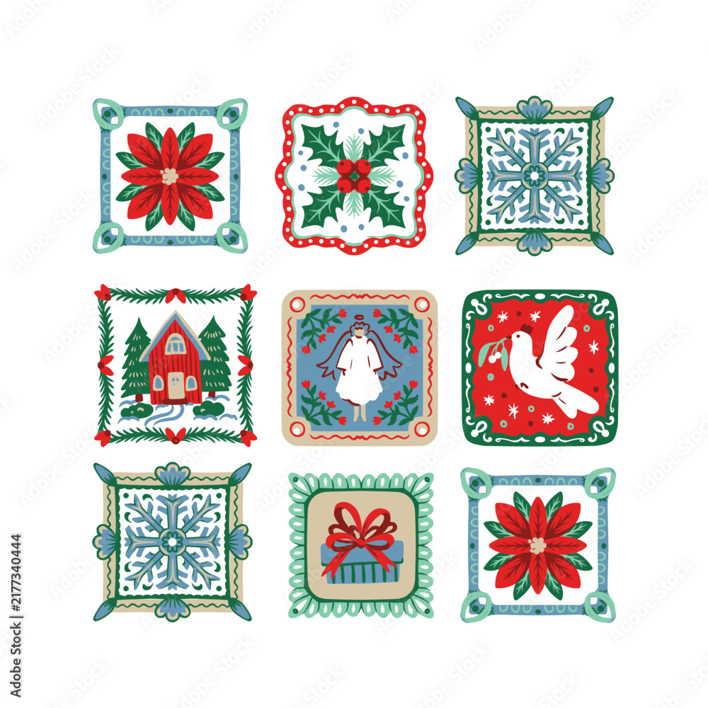Fototapeta premium Christmas Isolated Folk Tiles with Dove Angel Poinsettia Snowflake House Gift Holiday Frames