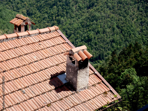 Roof with chimneys in a stone village