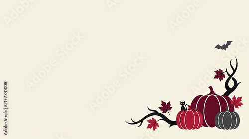 Autumnal decorative corner illustration with colorful pumpkins, fall leaves, branches, and a bat silhouette on a light background