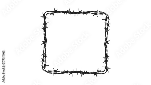 Foto Barbed Wire Square Frame: A square frame constructed from tangled barbed wire, symbolizing restriction and confinement, is presented as a stark graphic element