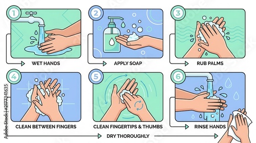 Handwashing instruction guide featuring six steps for proper hygiene and health protection.