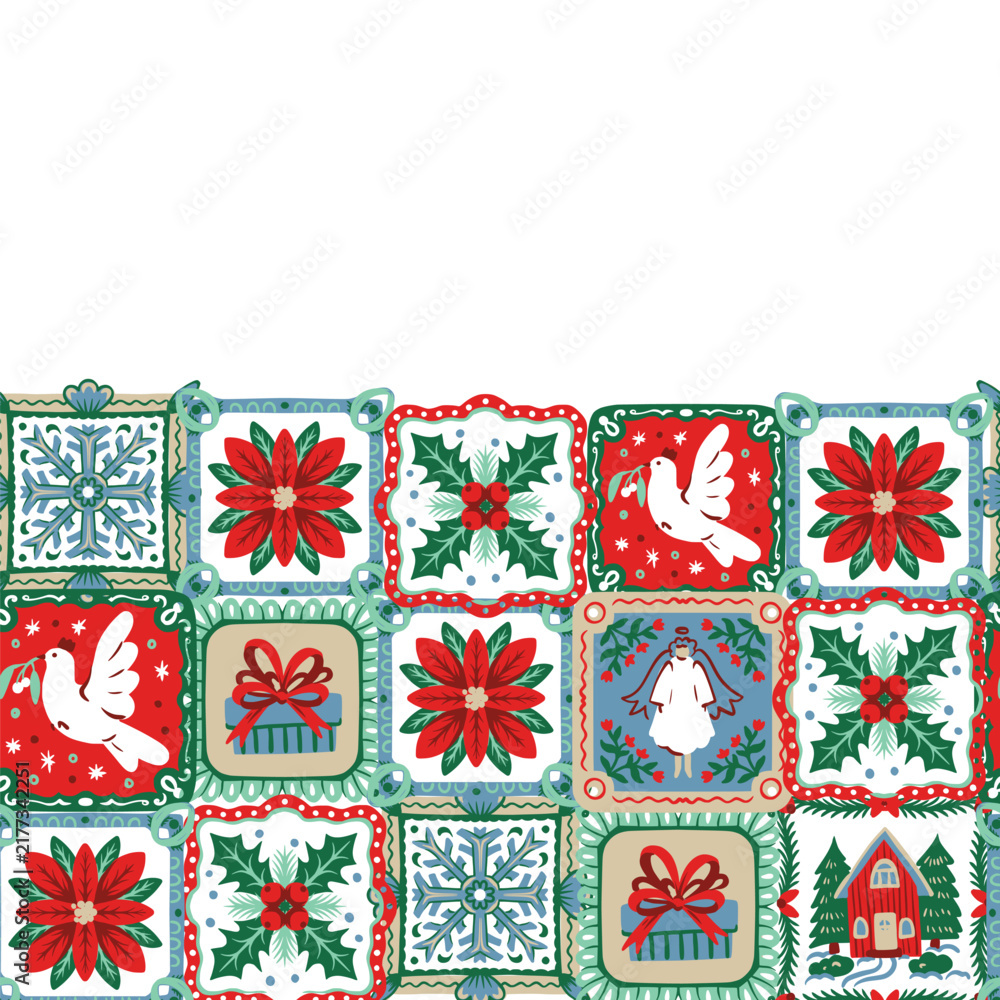 Fototapeta premium Christmas Border with Folk Square Frames Dove Angel Poinsettia Gift Holiday Tiles