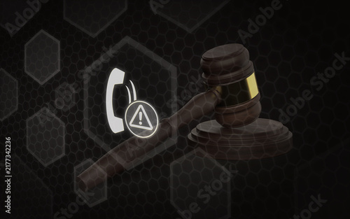 Принти на полотні A conceptual 3D graphic showing a wooden gavel next to a glowing telephone icon with a warning symbol, illustrating legal advice, communication risks, and regulations