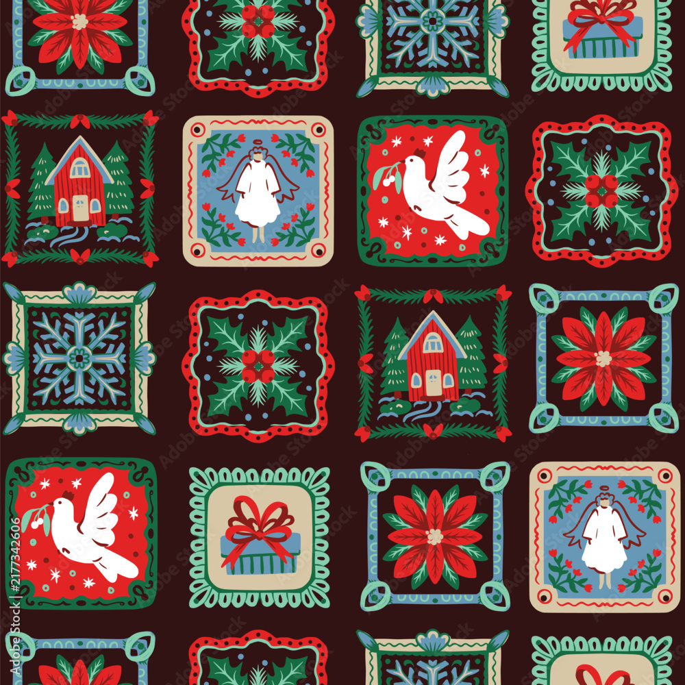 Fototapeta premium Christmas Seamless Pattern with Folk Square Frames Dove Angel Poinsettia Gift Holiday Tiles