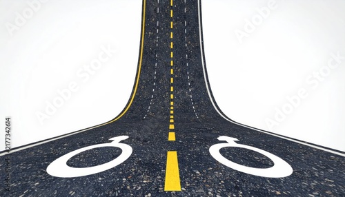Two roads merging or diverging, representing choices, relationships, or a fork in the road with male and female symbols.