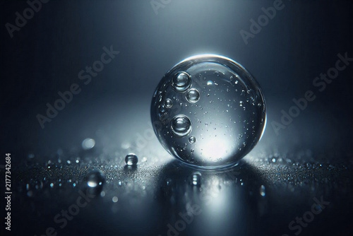 a suspended crystal clear water droplet with light refraction.