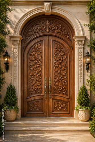Grand Royal Teak Wood Entrance Door with Intricate Floral Carving