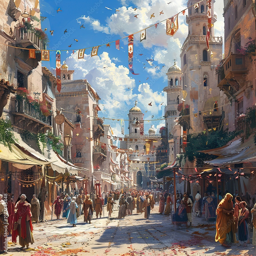 Obraz premium Vibrant Community Festivity in a Busy Marketplace Celebrating a Meaningful Sacred Occasion
