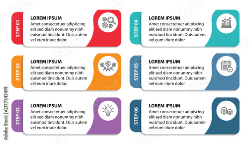 6 steps infographic template with 6 options. Flowchart that can be used for business report, data visualization and presentation. Timeline infographic elements vector illustration.