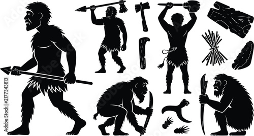 Canvas Print Caveman silhouette vector illustration set featuring prehistoric primitive human evolution characters holding stone tools, spears, wooden clubs, and ancient ice age survival items