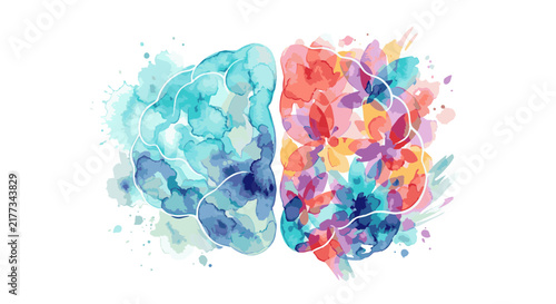 Abstract Watercolor Brain Illustration Representing Creativity and Logic.