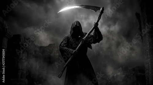 A dark and mysterious grim reaper figure holding a glowing scythe standing in a foggy environment