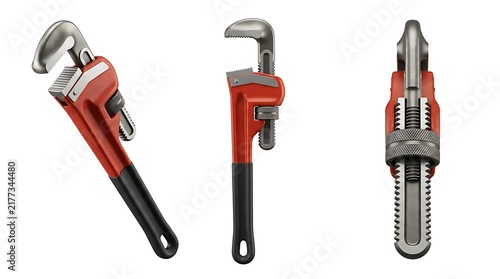 Wrench Set with Three Red Adjustable Pipe Tools on White Background