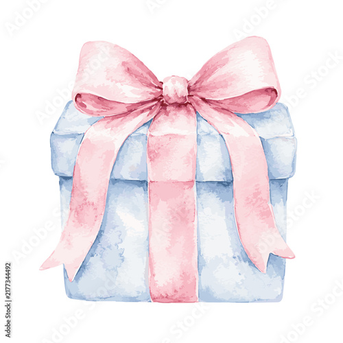 Watercolor Illustration of a Light Blue Gift Box with a Pink Bow.