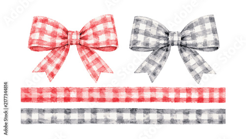 Watercolor Gingham Bows and Ribbons Set.
