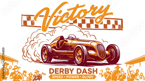 Vintage Retro Race Car Speeding Across Finish Line with Victory Text, Classic Vector Illustration for T-shirt Design and Racing Branding