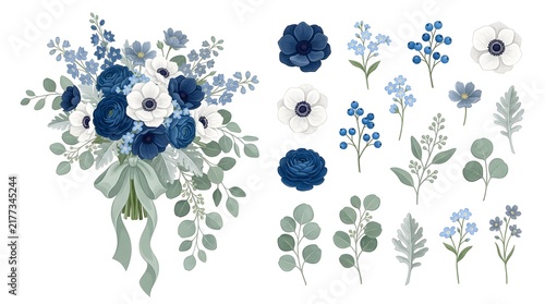 Beautiful wedding bouquet with dark blue flowers and grey leaves with individual botanical elements for floral design