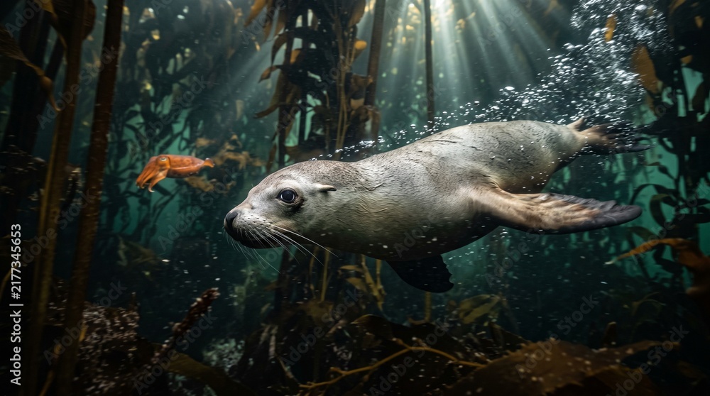 Fototapeta premium Curious sea lion swimming gracefully through a magical underwater kelp forest
