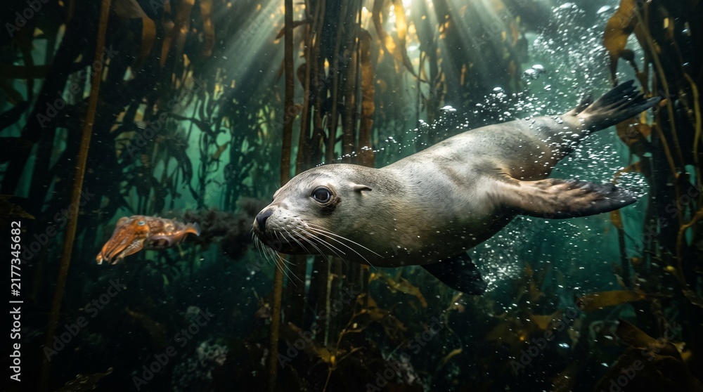 Fototapeta premium Mother sea otter floating on water and holding her sleeping baby pup