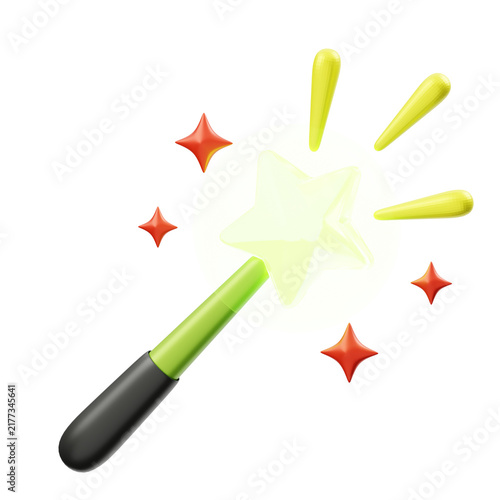 Cuadro en lienzo 3D magic wand icon with glowing star tip and sparkles, wizard spell magic render
