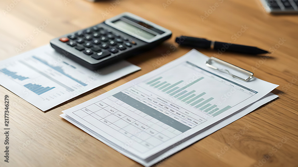 Obraz premium Professional workspace with a financial ledger and calculator on a wooden desk.