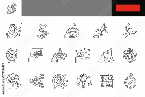 Training and coaching vector icon set with target, roadmap, puzzle and trophy for professional mentoring programs
